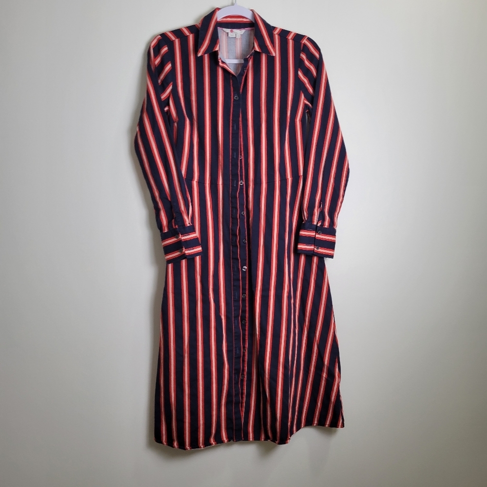 Boden Navy and Coral Stripe Midi Shirt Dress - Picture 2 of 9